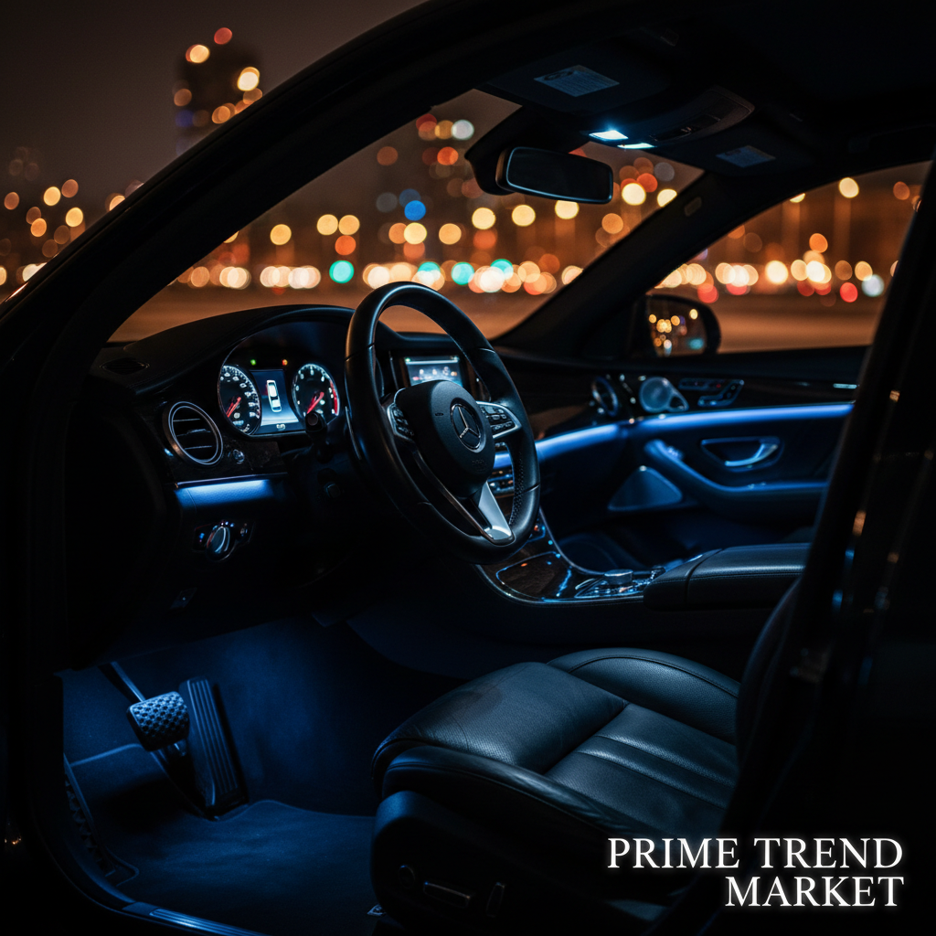 Blue LED atmosphere lights glowing inside car interior night city bokeh — Prime Trend Market