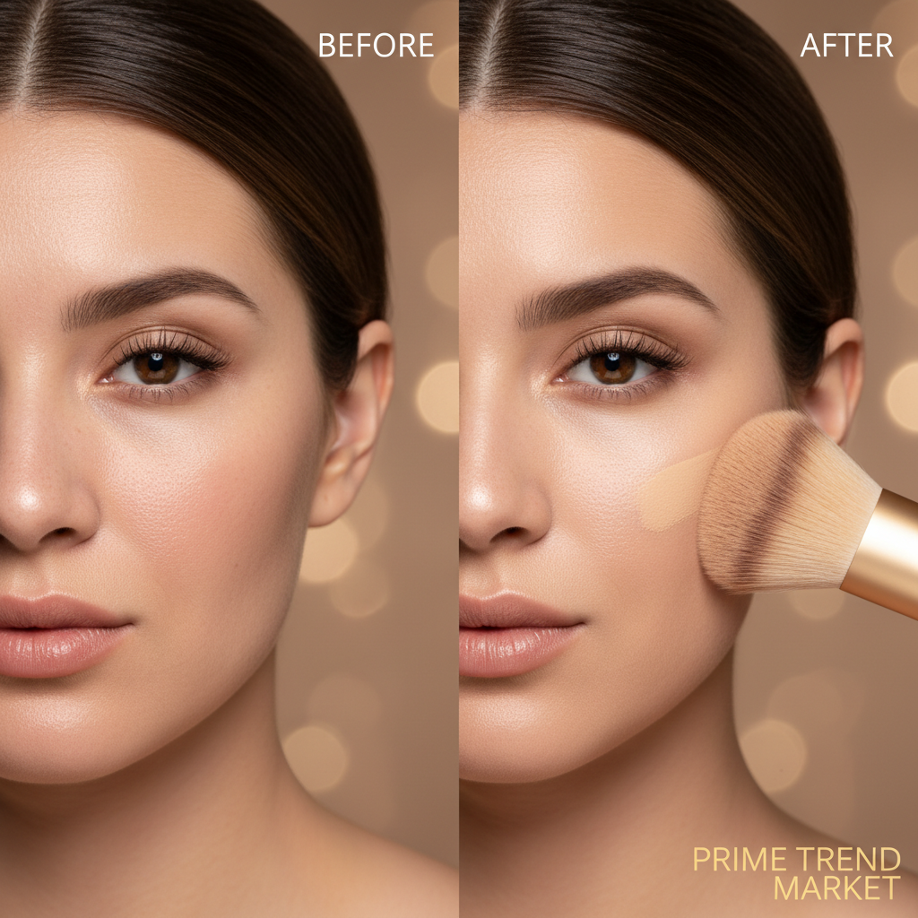 Before and after skin transformation using flat kabuki foundation brush