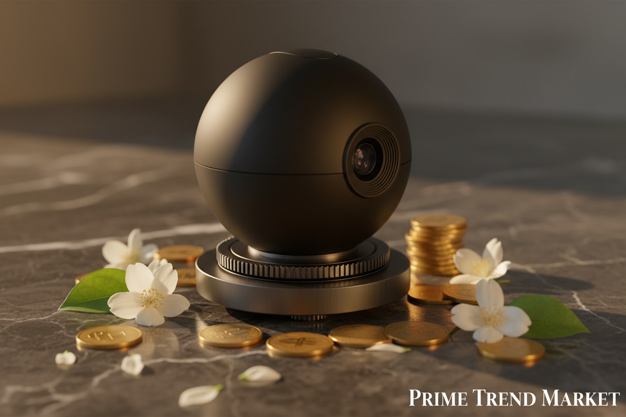 PTZ Mini Projector close-up pan-tilt base detail on dark marble with jasmine — Prime Trend Market