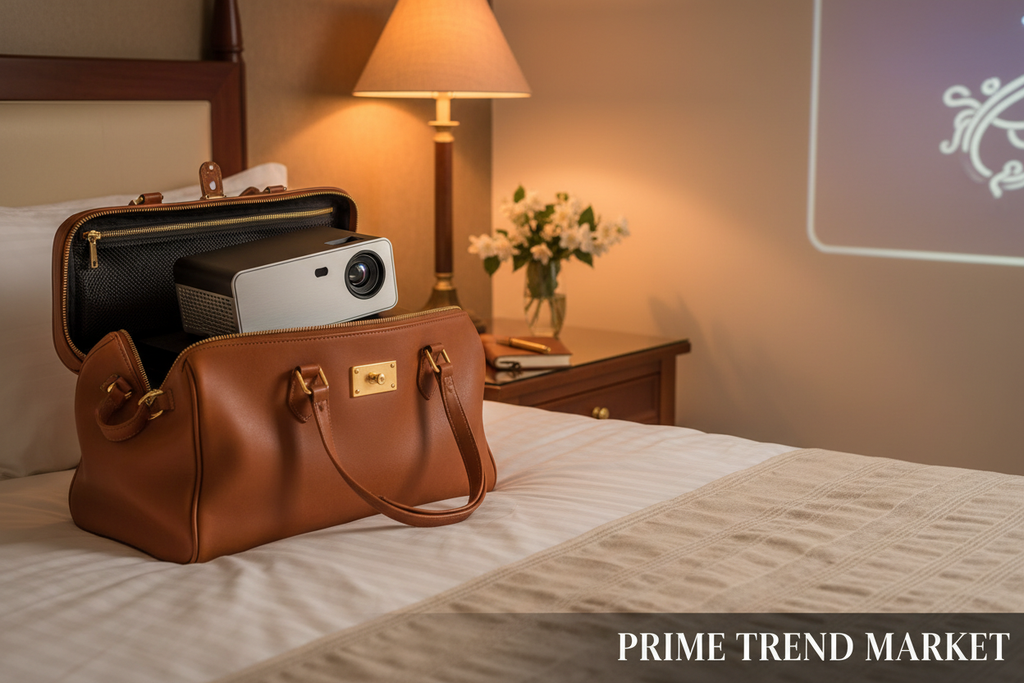 Portable WiFi Mini Projector travel lifestyle in luxury hotel setting — Prime Trend Market