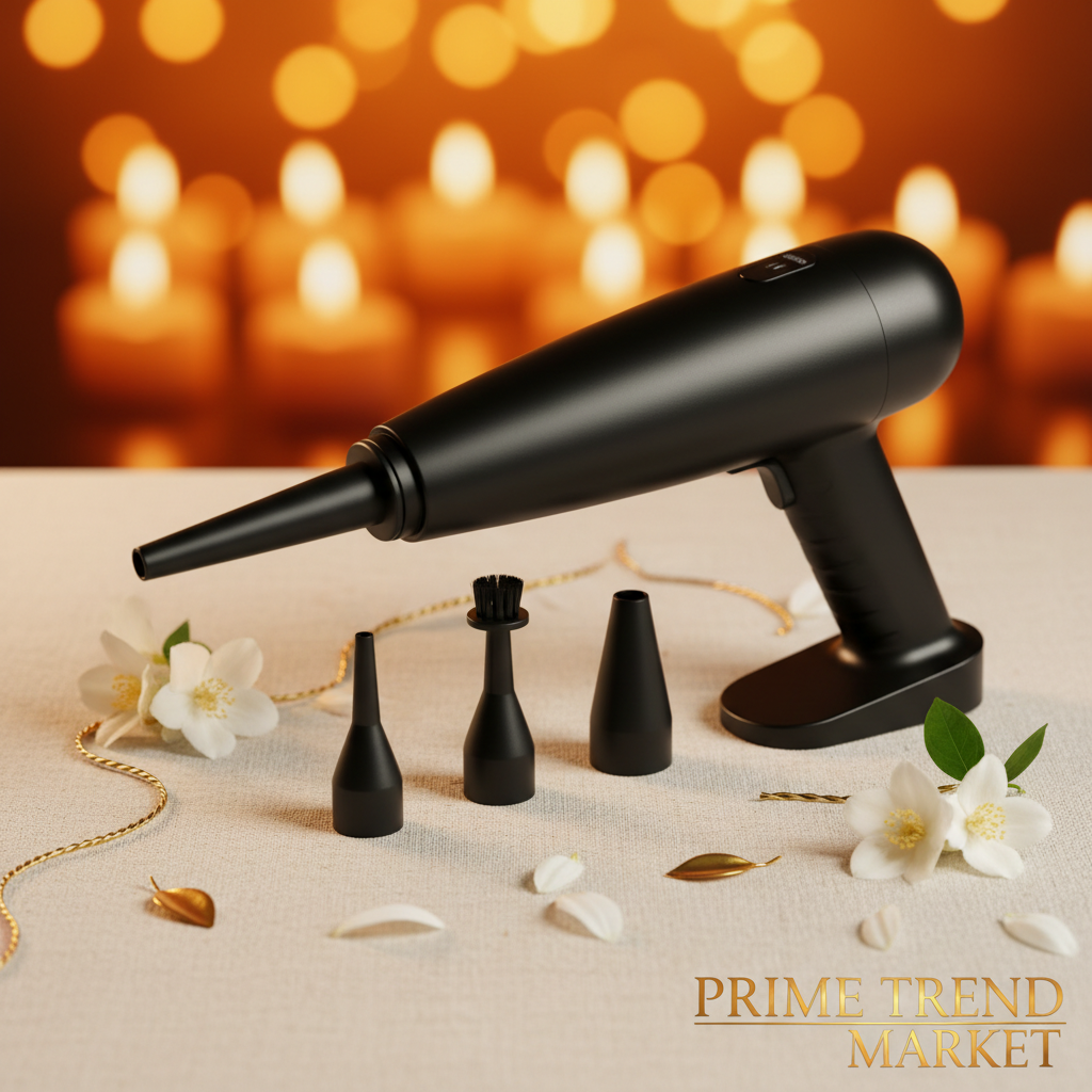 Black electric air duster with nozzle attachments on cream ivory surface with jasmine petals - Prime Trend Market