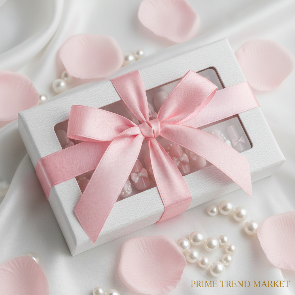 Bowknot press-on nails in white luxury gift box with pink satin bow ribbon and rose petals