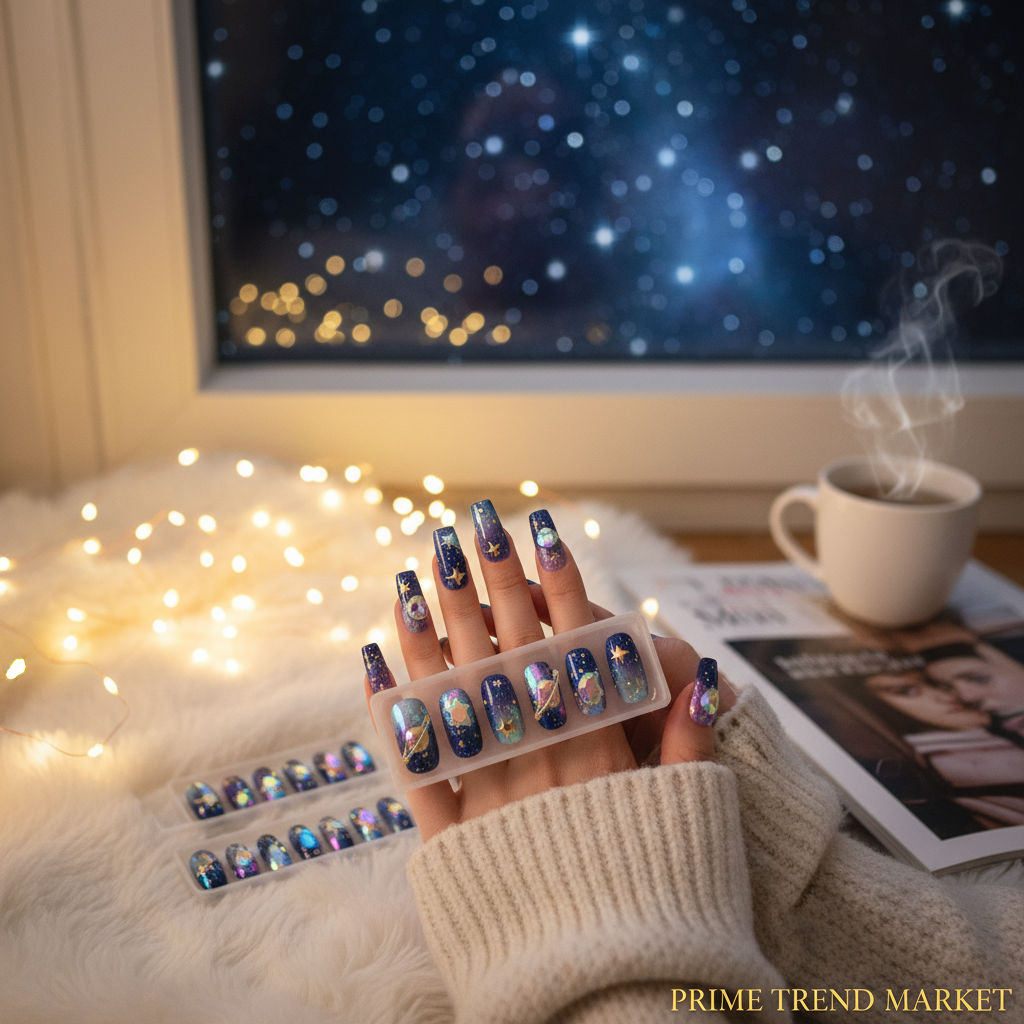 Lifestyle application tutorial planet diamond star press-on nails celestial setting