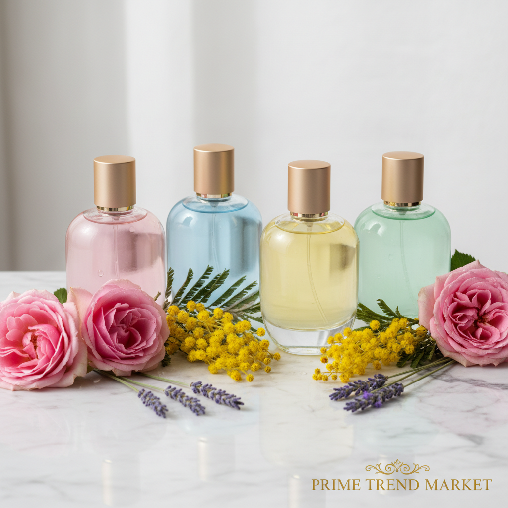 Four women's perfume bottles on marble with fresh flowers