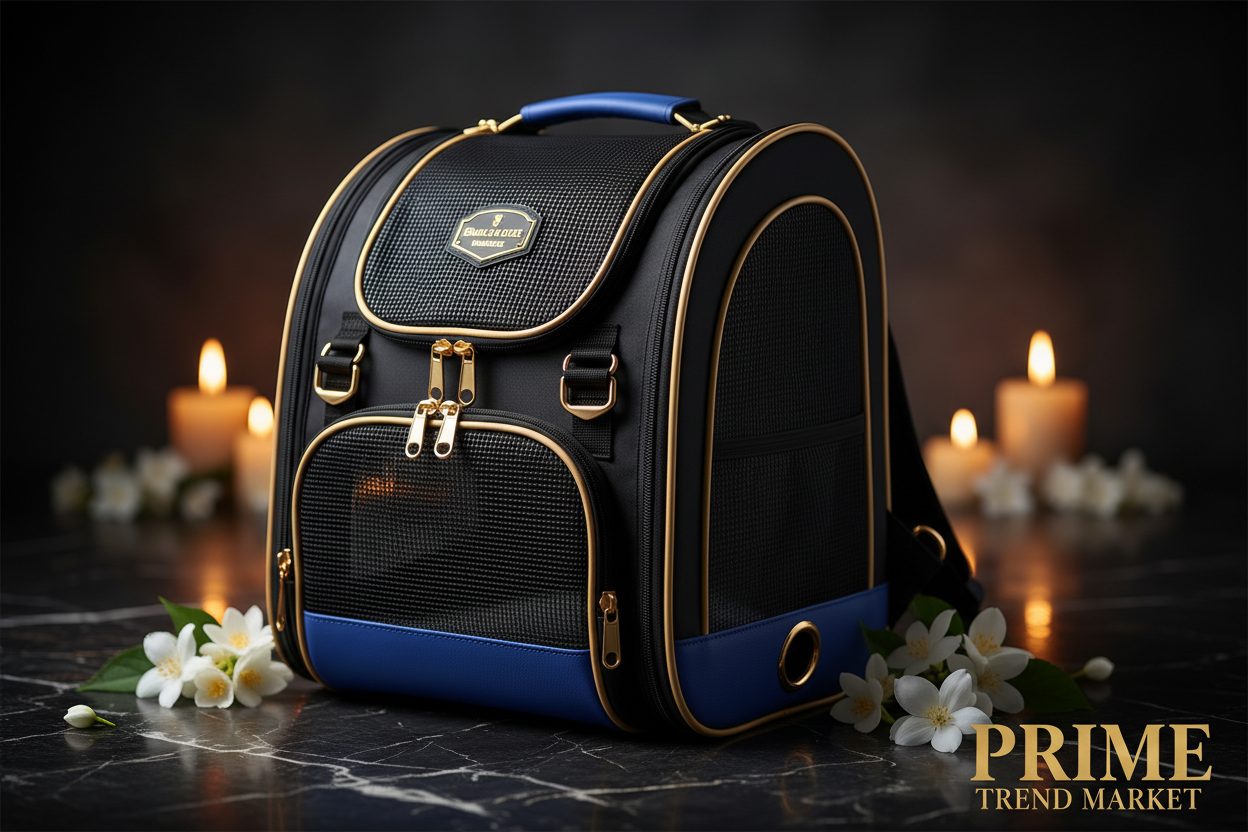 Luxury foldable pet backpack carrier black and blue editorial