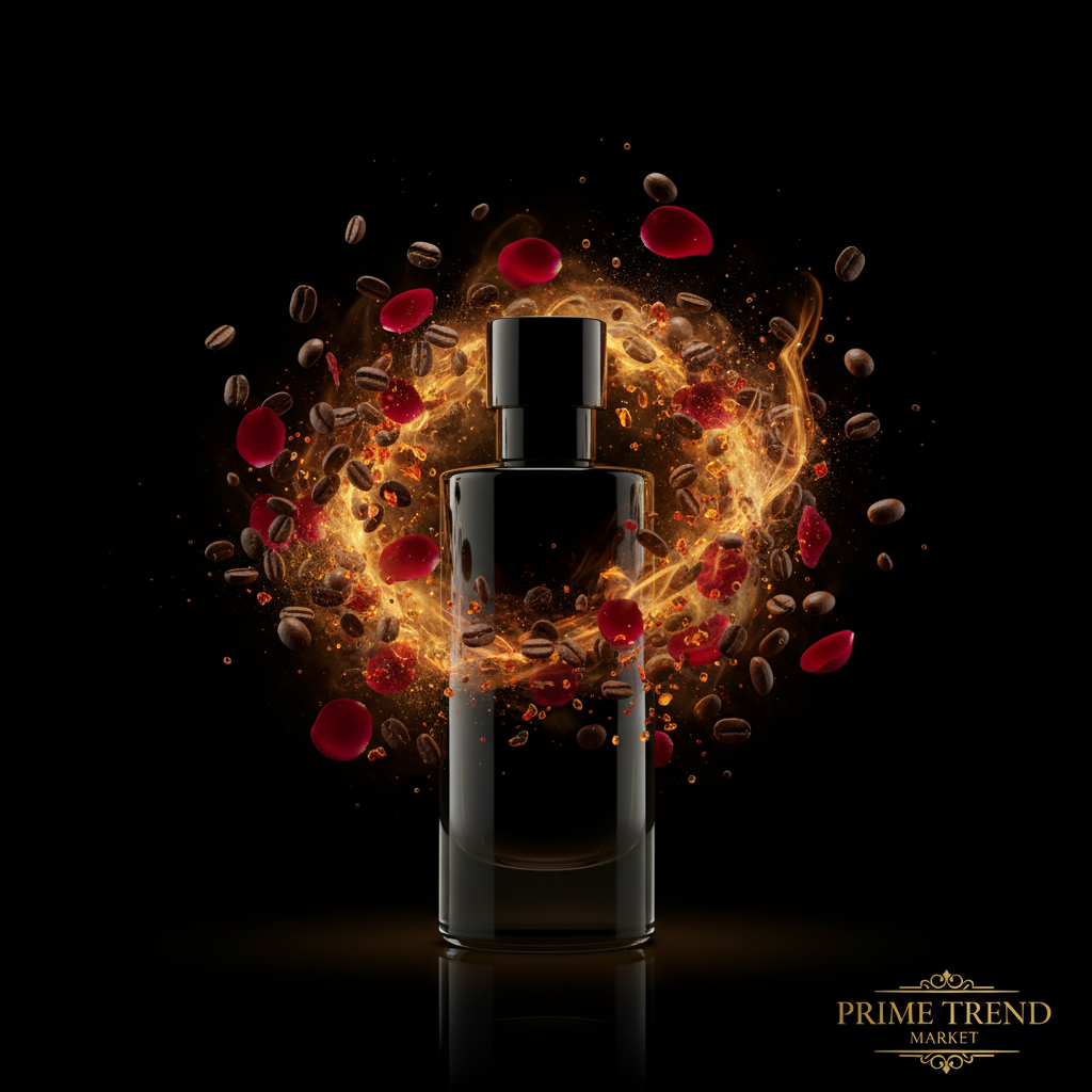 Temptation Niche Perfume coffee bean and amber mist explosion drama shot - Prime Trend Market
