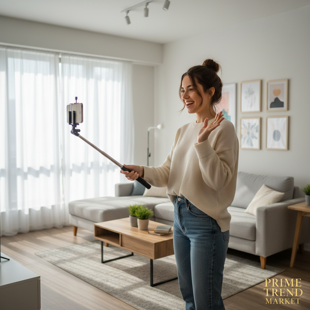 Young Woman Filming TikTok Content Using Selfie Stick Tripod — Prime Trend Market