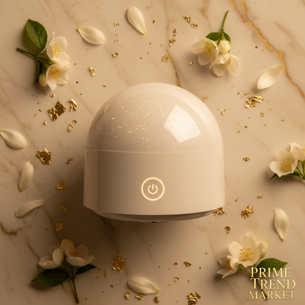 Close-up of premium starry sky projection night light on cream marble with jasmine petals and gold accents