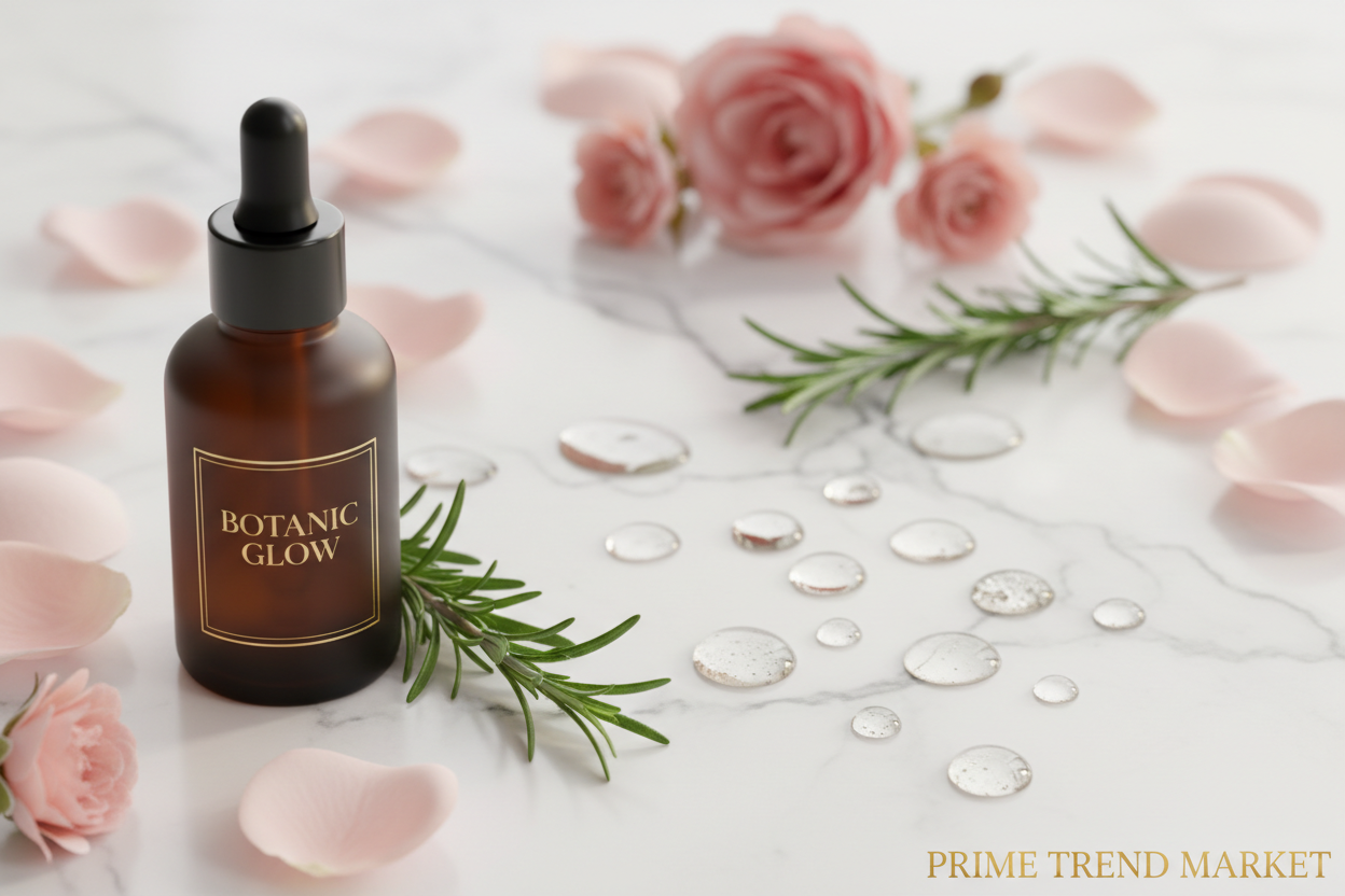Rosemary oil and glycerin ingredients close-up with hair serum bottle — Prime Trend Market