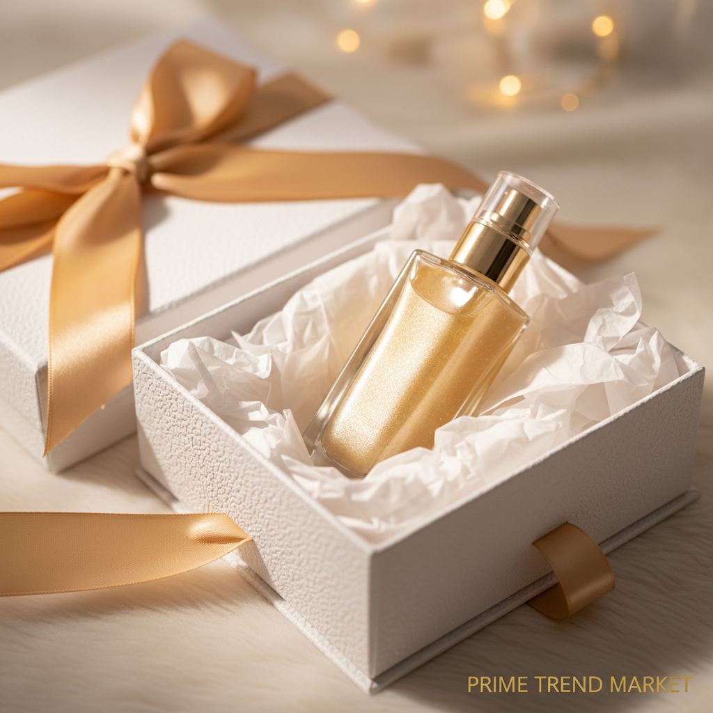 PHOFAY body shimmer oil in luxury white gift box with gold ribbon