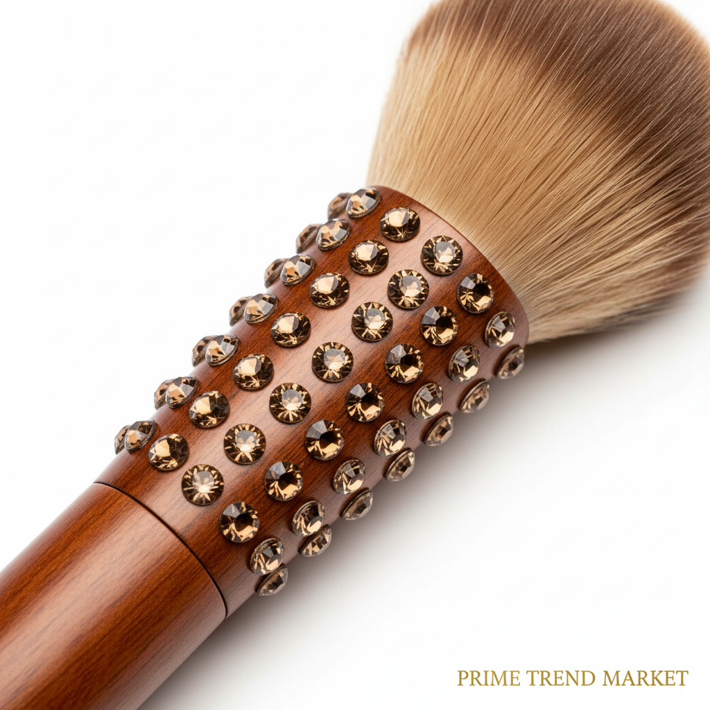 Close-up of brown diamond rivet crystal makeup brush handle showing sparkling rivets and soft bristles