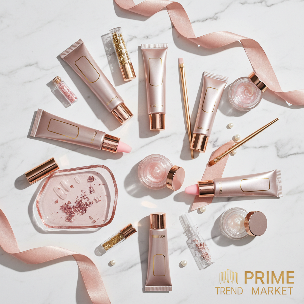 Nail extension gel set tubes on marble with pink and gold accents