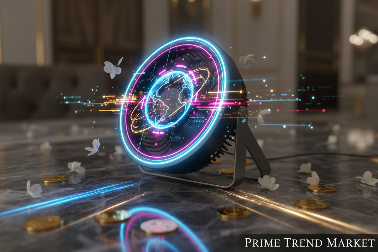 3D Holographic Fan Projector close-up with holographic glow on marble — Prime Trend Market