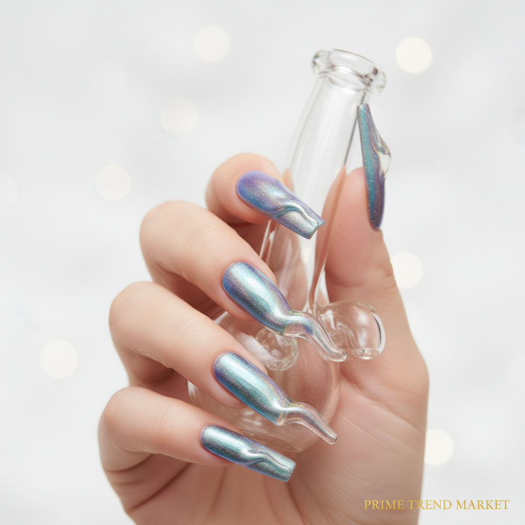 Hand wearing long water pipe aurora powder press-on nails with holographic shimmer