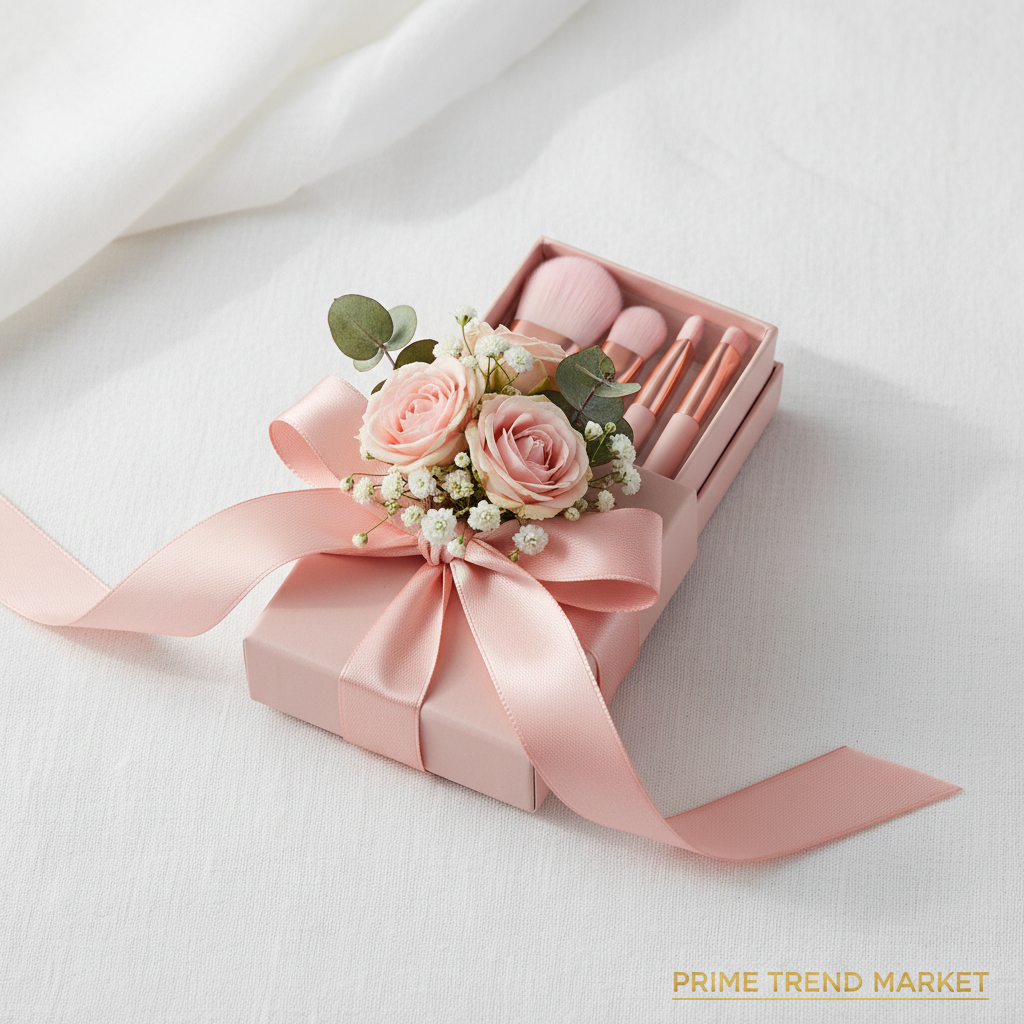 4-in-1 portable pink makeup brush set in gift box with pink ribbon and flowers