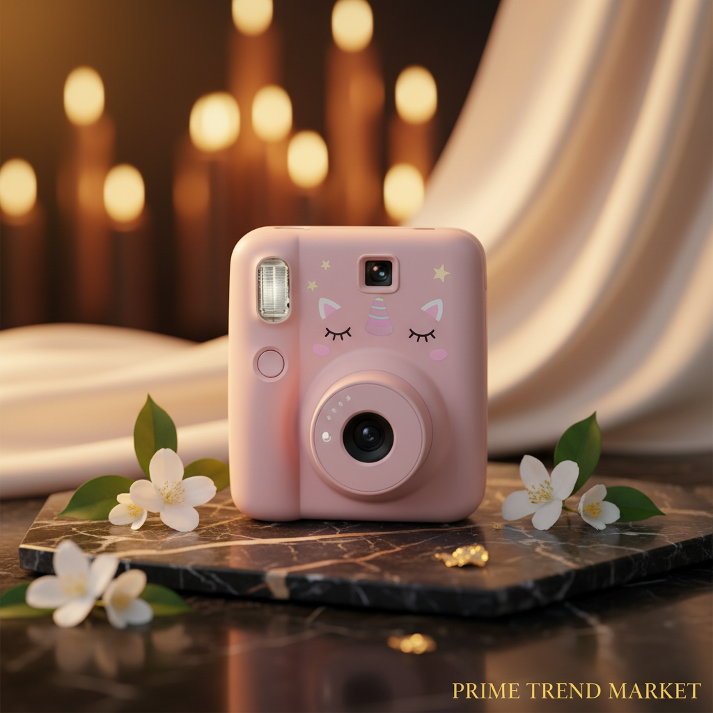 PrintPals Pink Unicorn camera on dark marble with jasmine