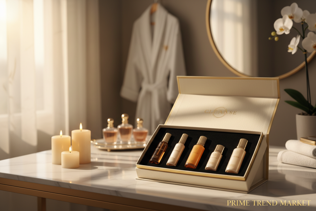 Skincare gift box on vanity with candles and golden hour lighting