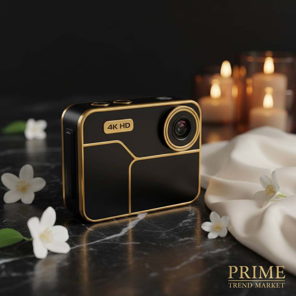 Black 4K HD dual camera on dark marble with gold accents and jasmine flowers