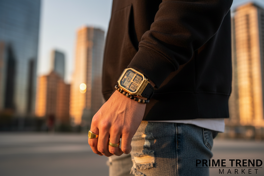 Stylish young man in streetwear wearing gold black square dual display sports watch urban city golden hour
