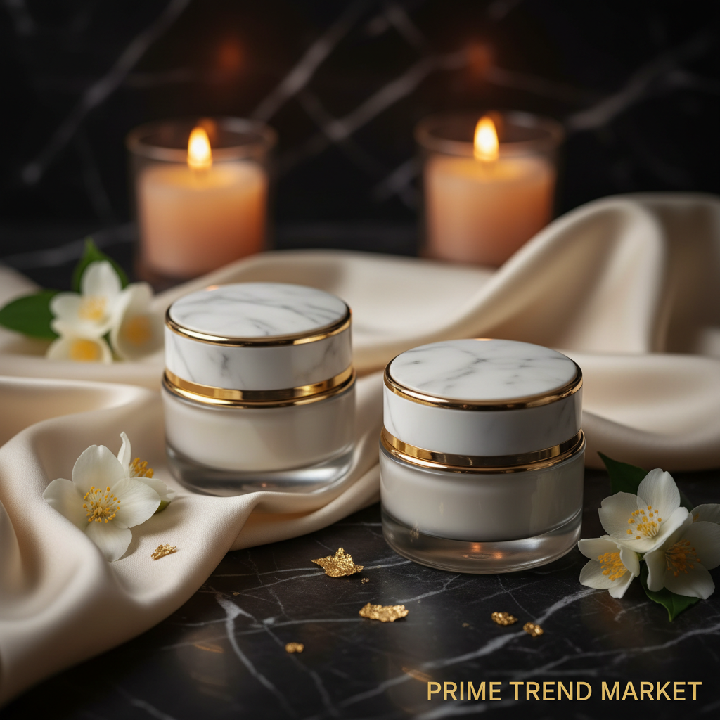 Luxury Anti-Wrinkle Massage Cream Set 2 jars hero shot on dark marble with jasmine flowers