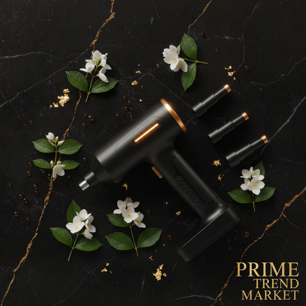 Top-down flat lay of black cordless air duster on black marble with gold leaf and jasmine - Prime Trend Market