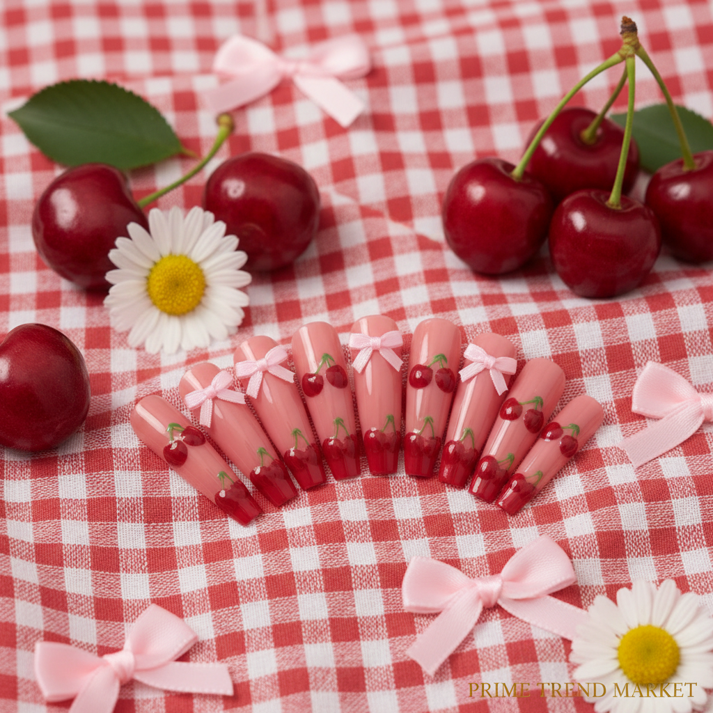 24pc cherry bow nail art press-on nails fan display on red gingham with fresh cherries and daisies