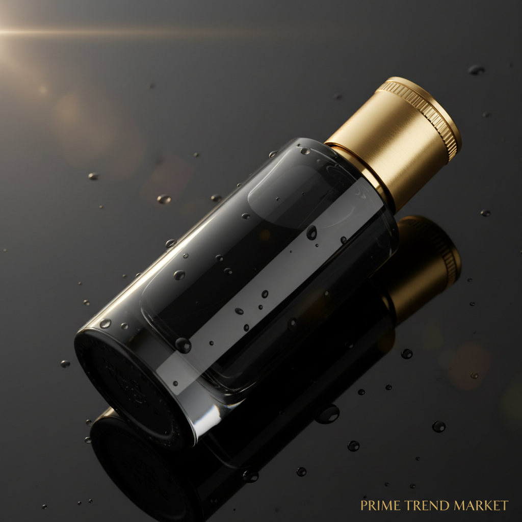 Macro close-up of black perfume bottle with gold cap and dramatic side lighting
