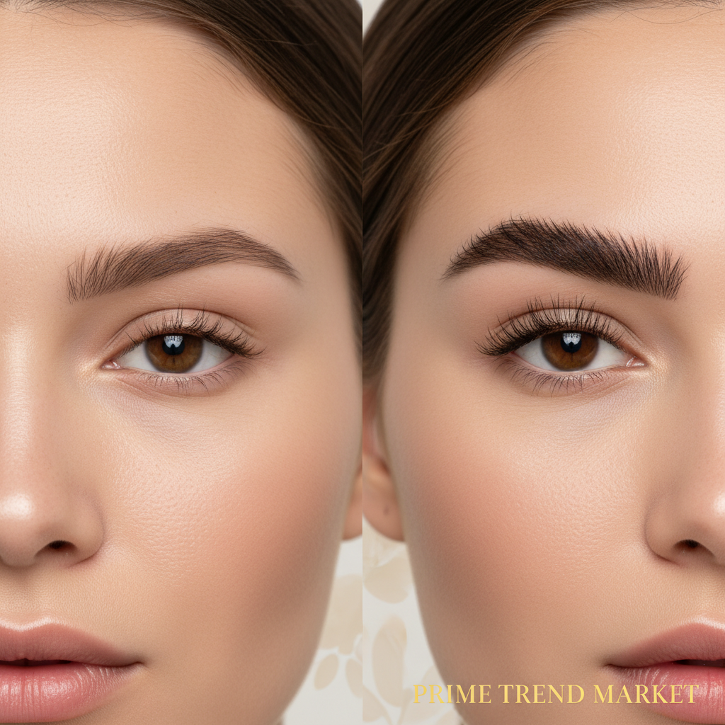 Before after eyebrow transformation sparse thin brows to thick full dark natural brows serum result