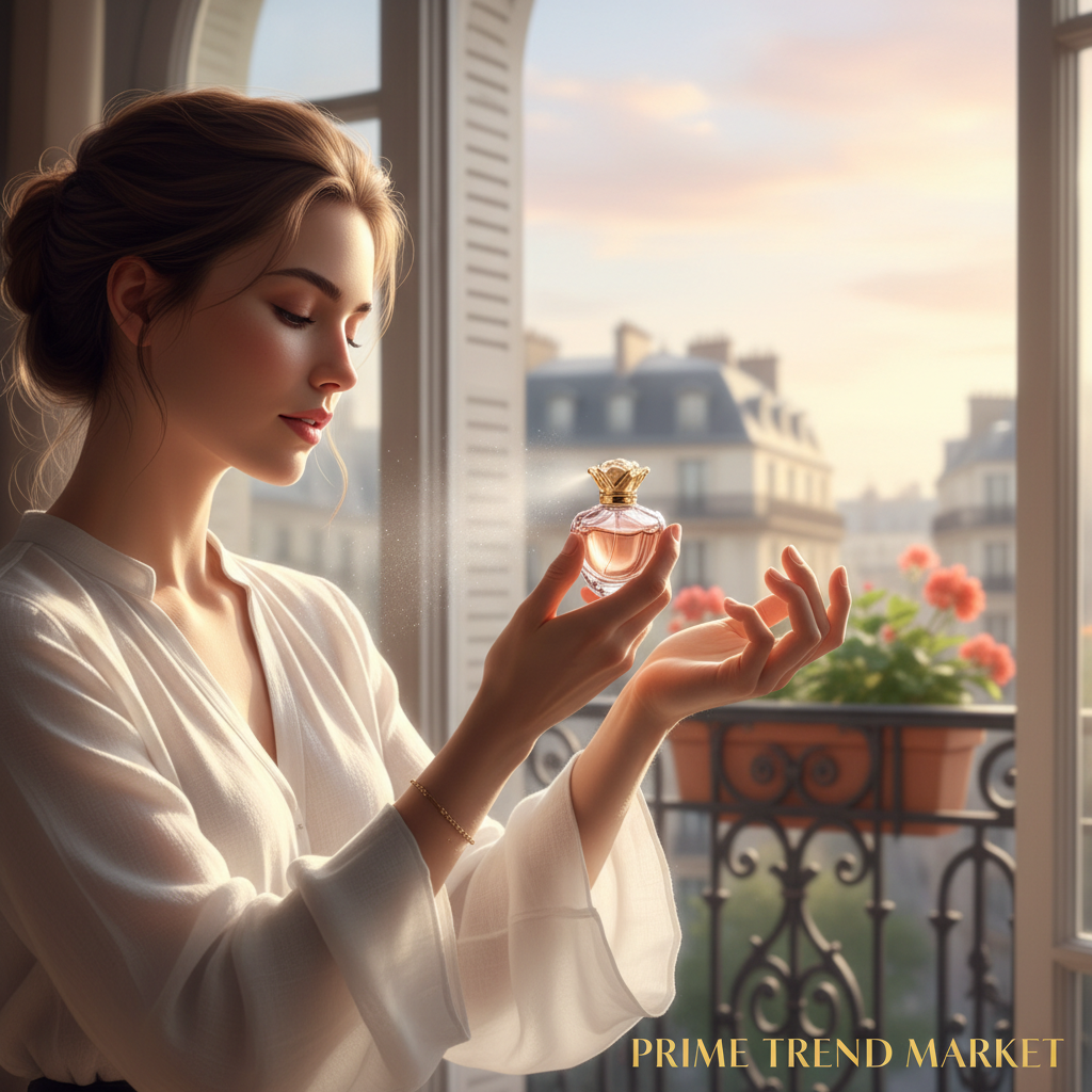 Elegant woman applying Dreamy Paris perfume on wrist