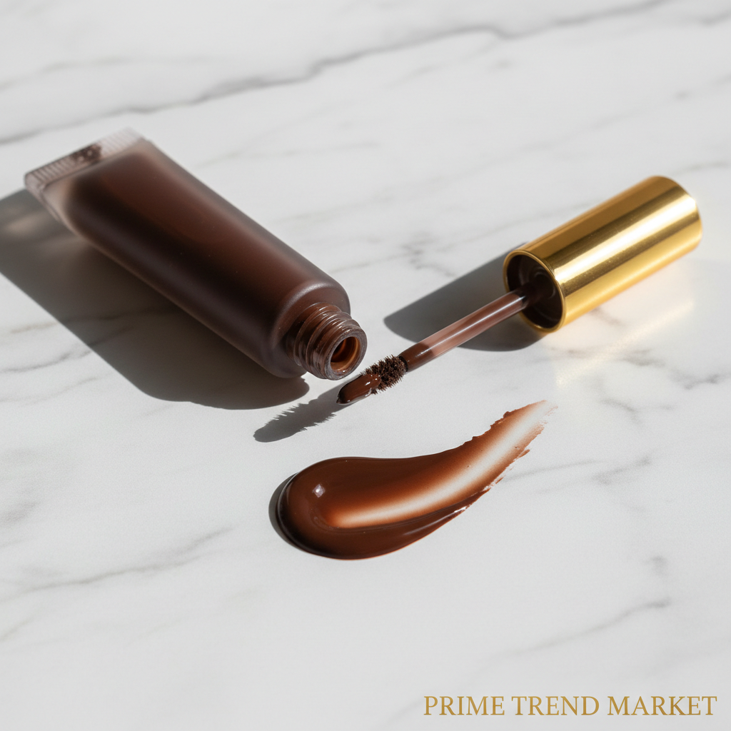 Peel-off eyebrow dye gel tube fine brush tip brown gel swatch marble product shot