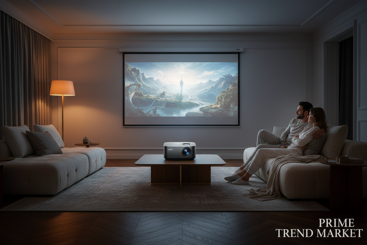 HY320 Mini Projector projecting 720P movie in luxury living room home theater setup — Prime Trend Market