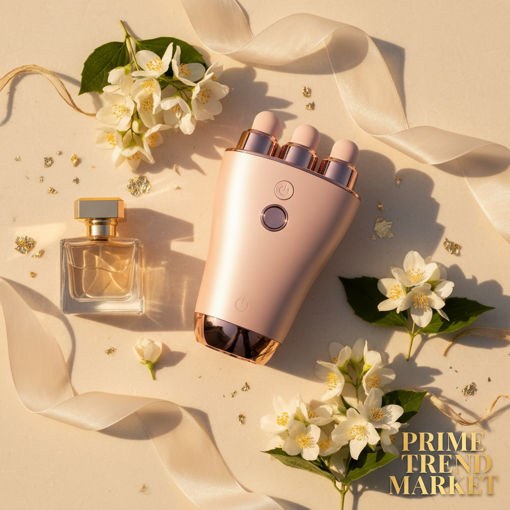 Pink electric facial cleansing device flat lay with jasmine and gold accents — Prime Trend Market