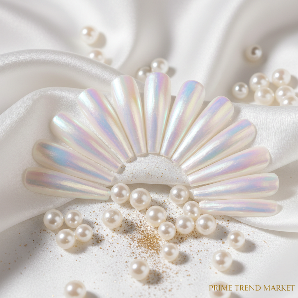 24pc aurora white press-on nails fan display on white silk with pearls and gold dust