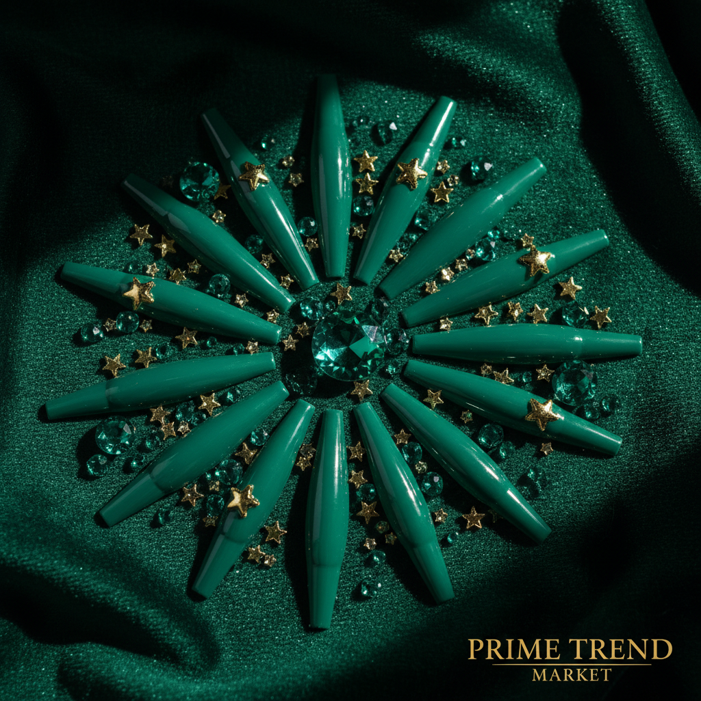 24pc green star nail art press-on nails fan display on dark green velvet with gold stars