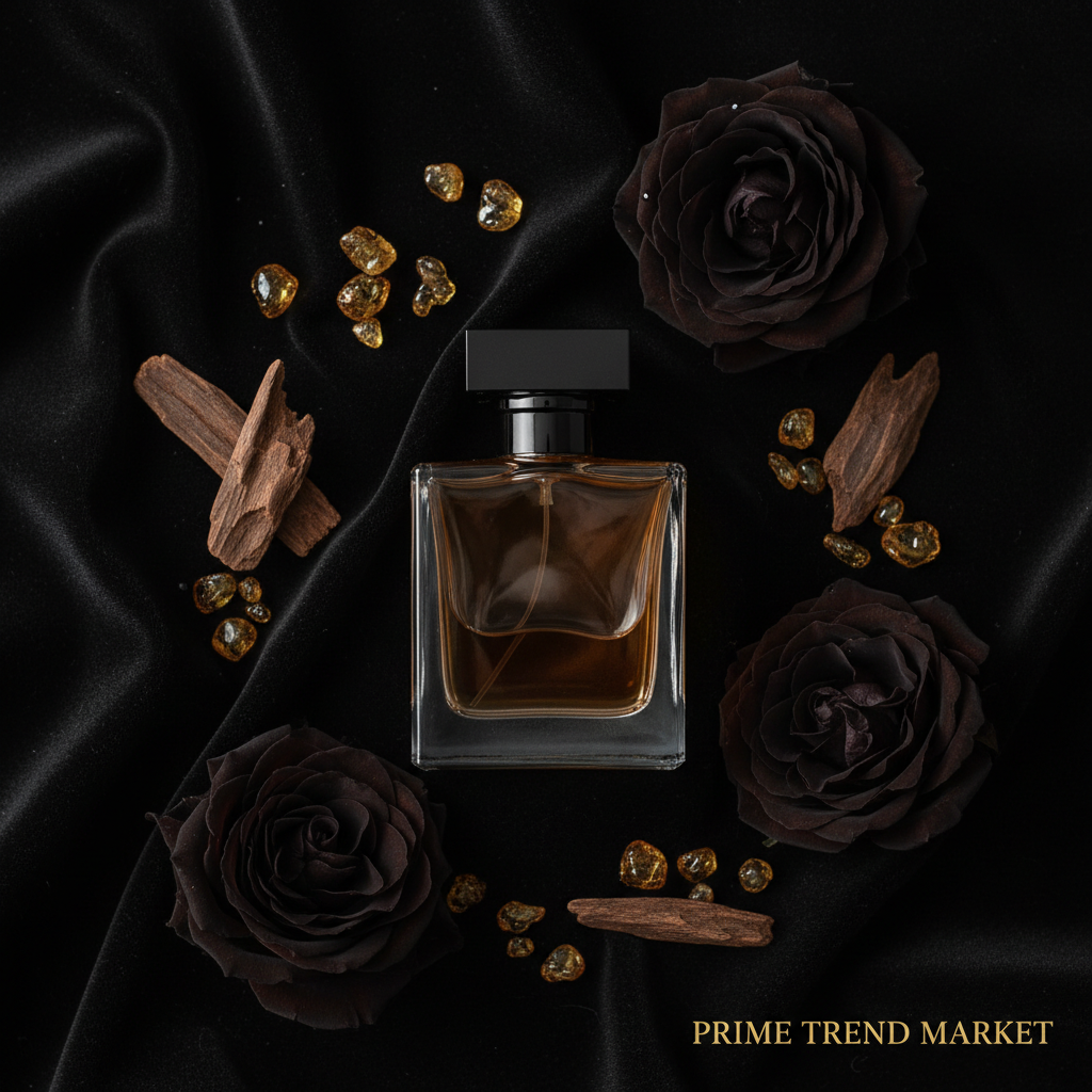 Flat lay of niche perfume with oud wood chips and black roses on dark velvet