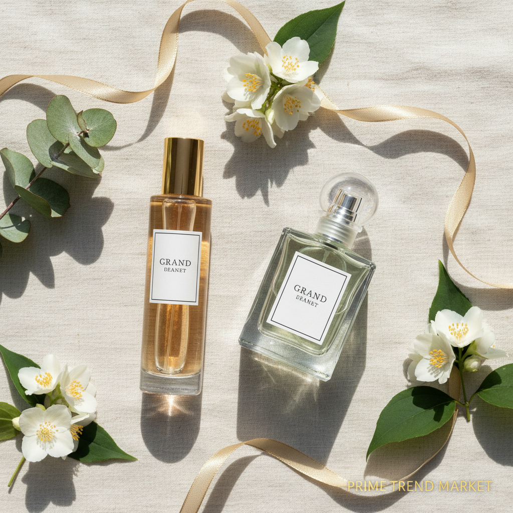 Flat lay of two perfume bottles on cream linen with jasmine and eucalyptus