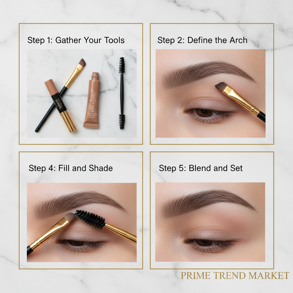 Eyebrow filling tutorial flat lay