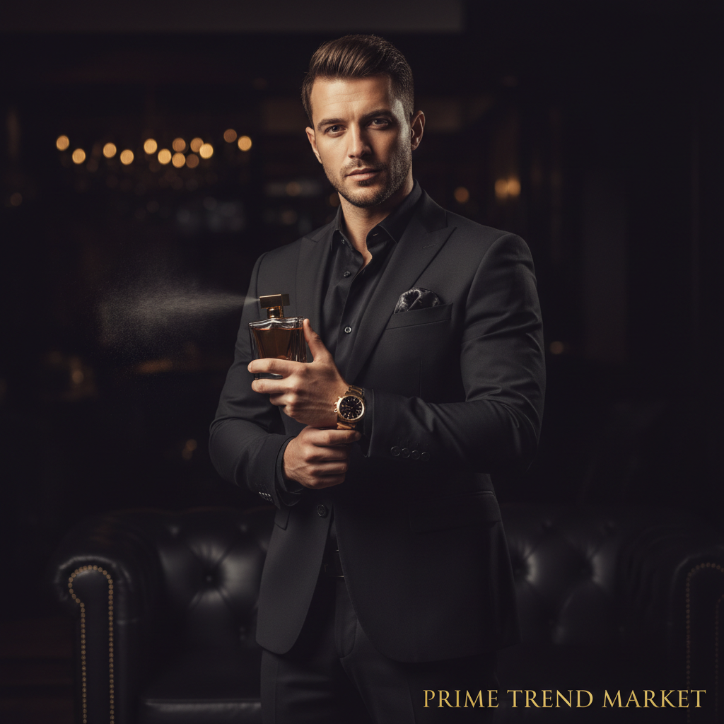 Men's Niche Fragrance suited man wrist spritz lifestyle shot - Prime Trend Market