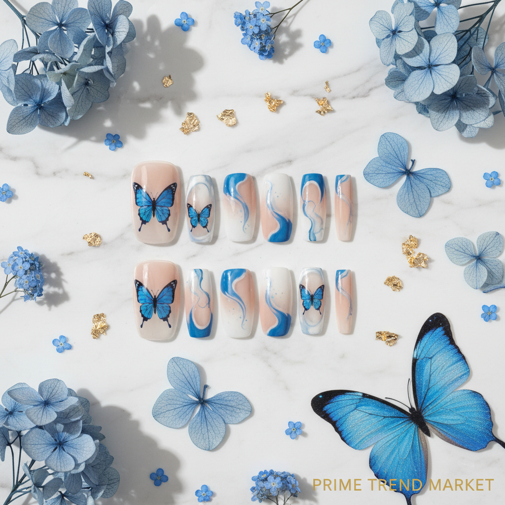 Blue butterfly nail art press-on nails flat lay on white marble with blue flowers and butterfly props