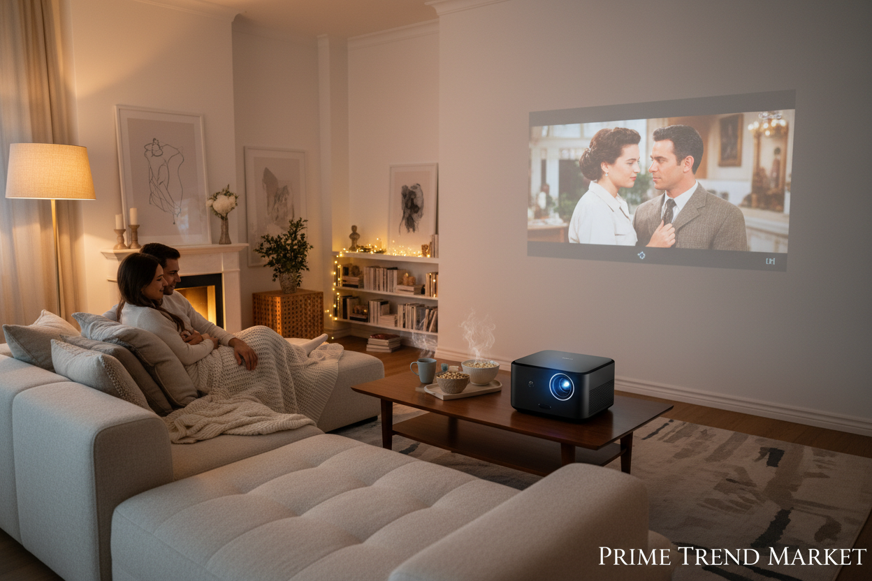 Couple watching movie on karaoke projector in luxury living room — Prime Trend Market
