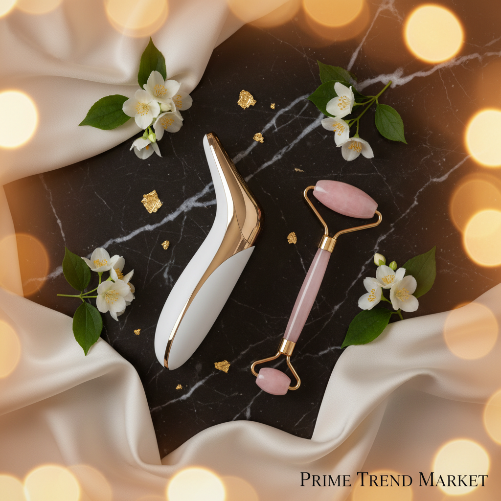 EMS Microcurrent Wand and Crystal Jade Roller Spa Set luxury flatlay on dark marble
