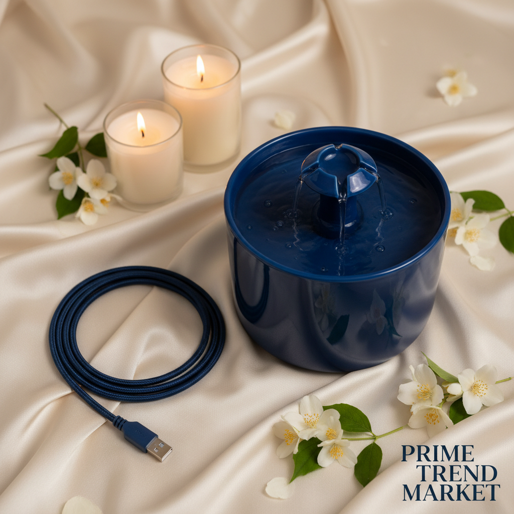 Luxury deep sea blue automatic cat water fountain on cream silk with jasmine blooms and candlelight