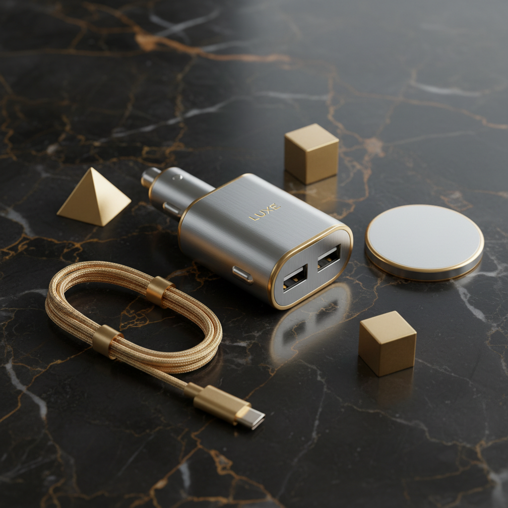 USB car charger flatlay on dark marble with gold accents