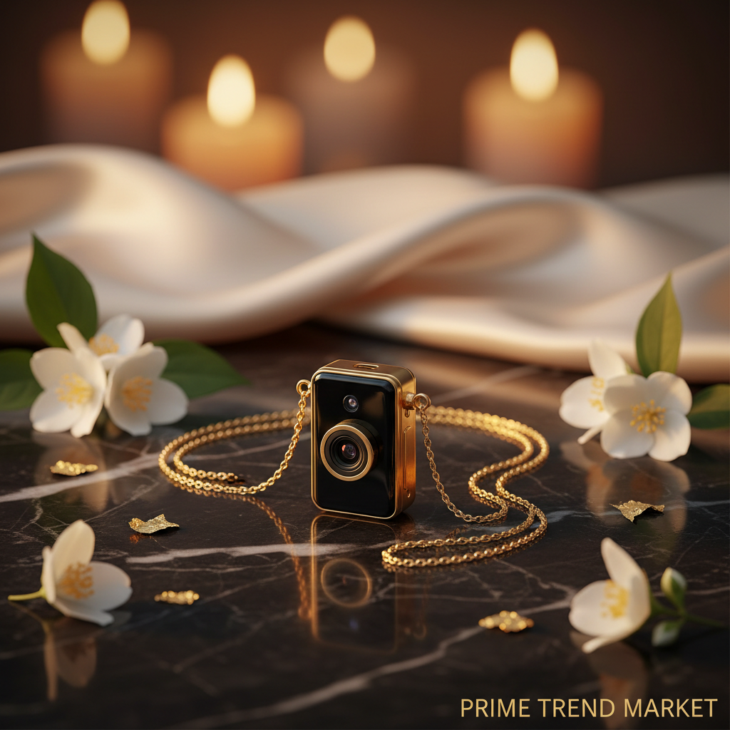 NeckShot black necklace camera on dark marble with jasmine