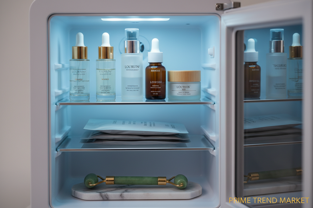 Mini skincare fridge interior with LED light, serums, eye cream and jade roller on glass shelves — Prime Trend Market