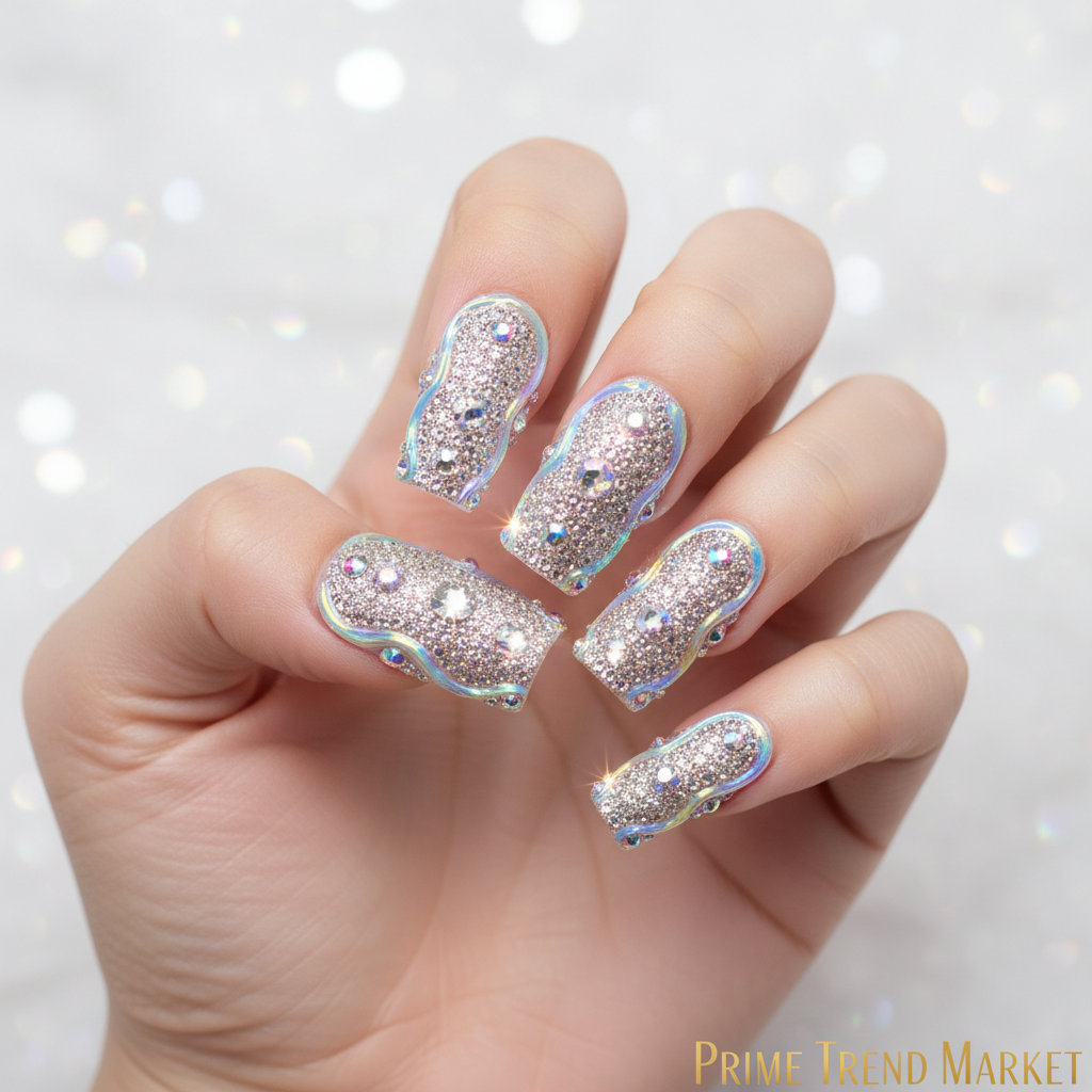 Hand wearing full diamond duck press-on nails with 3D aurora crystal edge