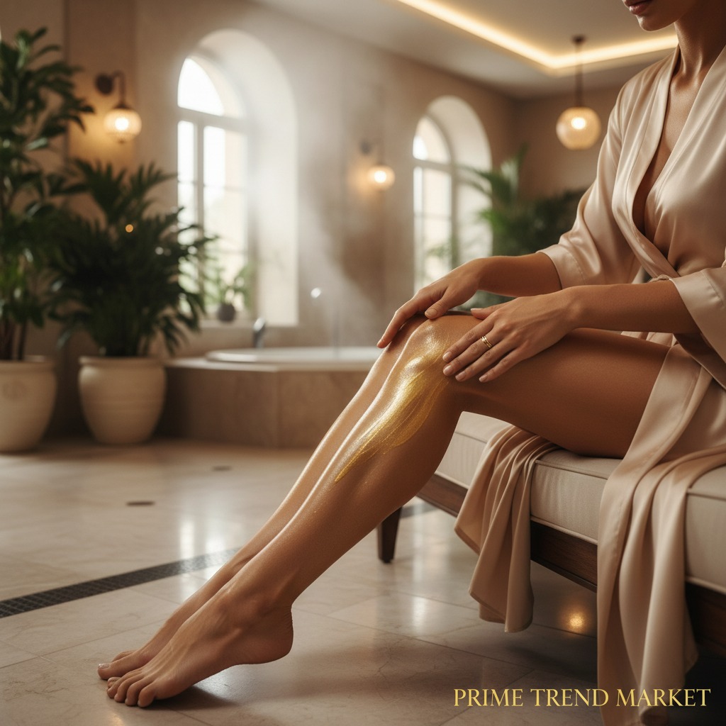 Woman applying golden body shimmer oil to glowing legs in luxury spa setting