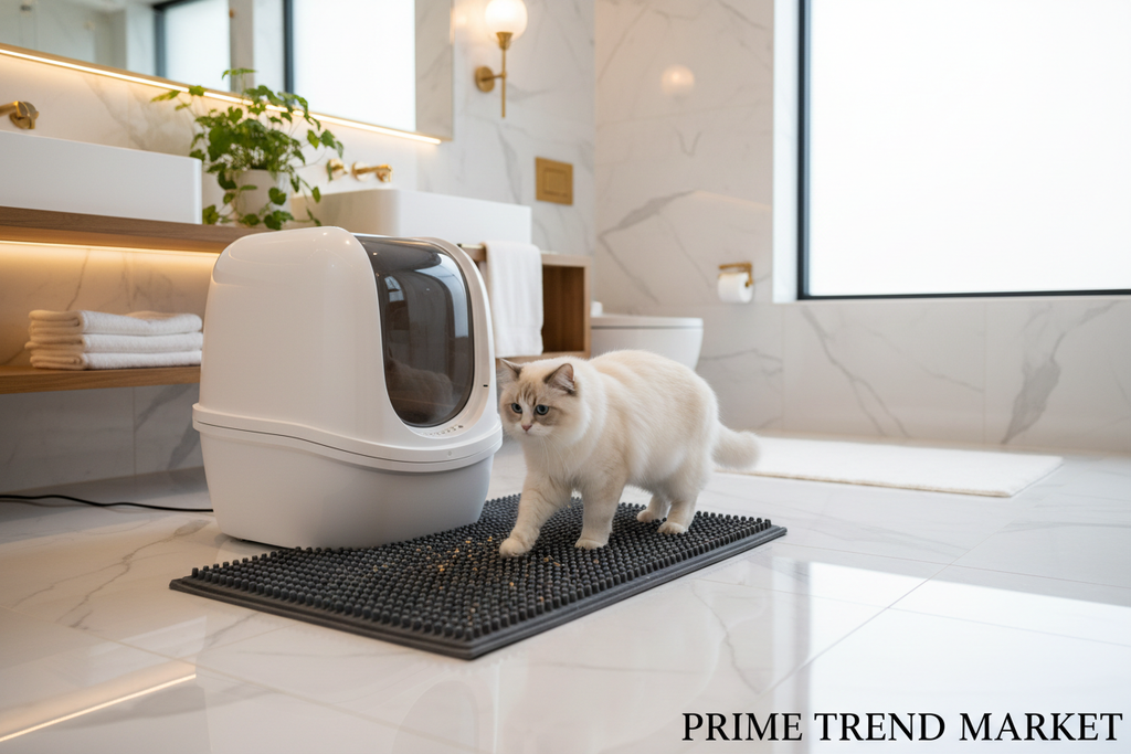 Lifestyle scene with cat stepping on dark gray litter mat in luxury bathroom