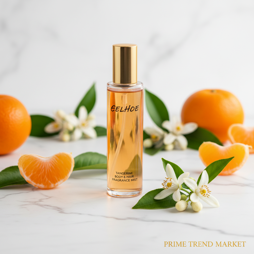 EELHOE Tangerine Body Hair Fragrance Mist with tangerine slices and neroli flowers on white marble - Prime Trend Market