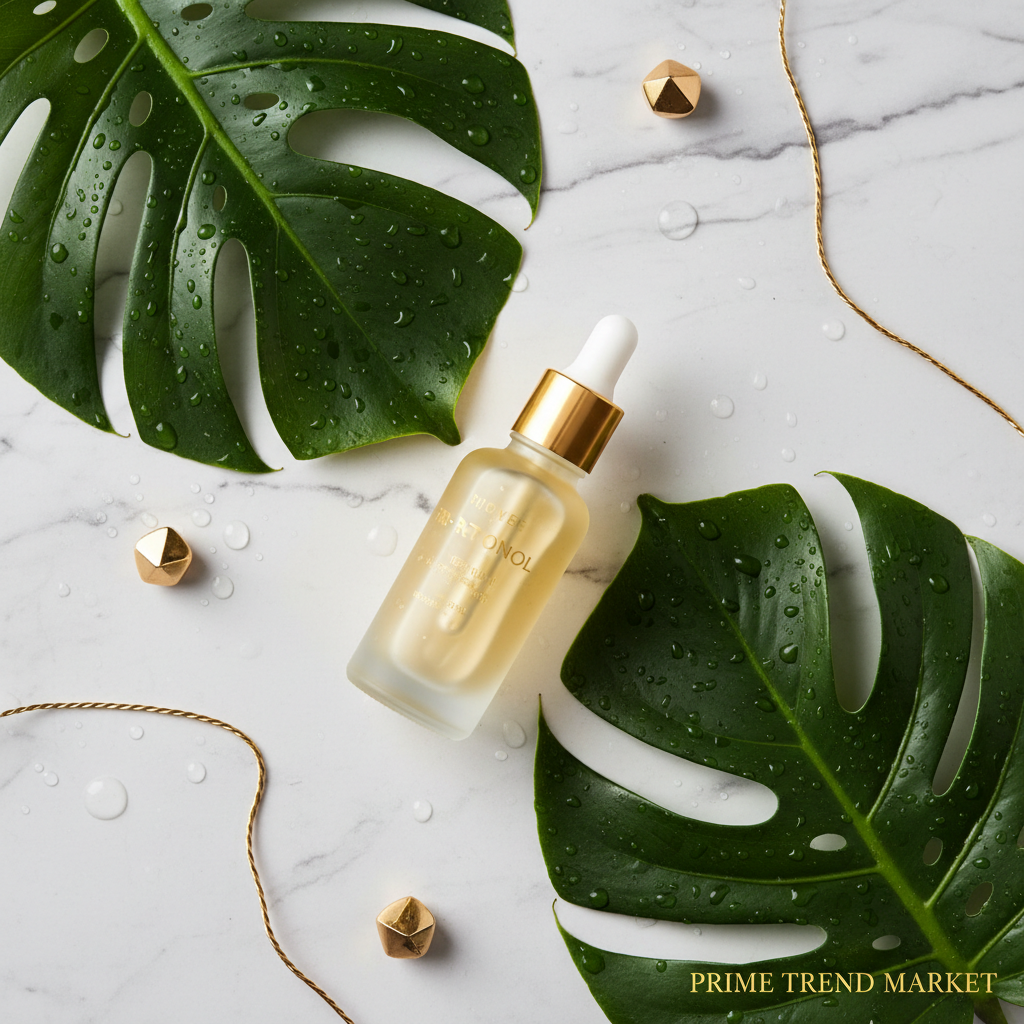 Pro-retinol face serum glass bottle on white marble with monstera leaves water droplets and gold accents